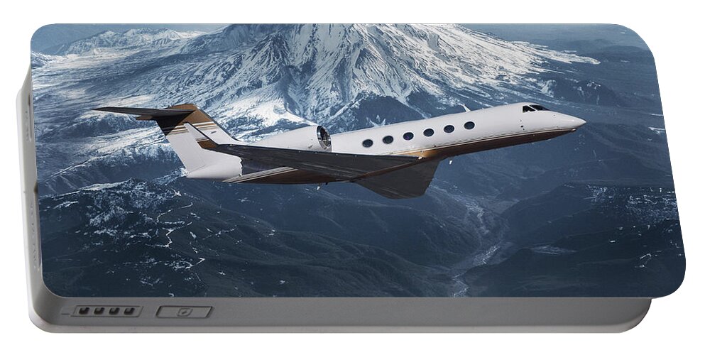 Gulfstream 550 Business Jet Portable Battery Charger featuring the mixed media Gulfstream 550 and Mt. St. Helens by Erik Simonsen