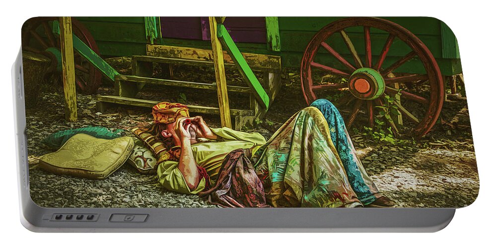 Romany Portable Battery Charger featuring the photograph Gypsy Musician Life with Caravan by Susan Vineyard