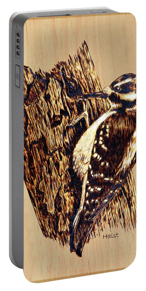 Woodpecker Portable Battery Charger featuring the pyrography Hairy Woodpecker by Ron Haist
