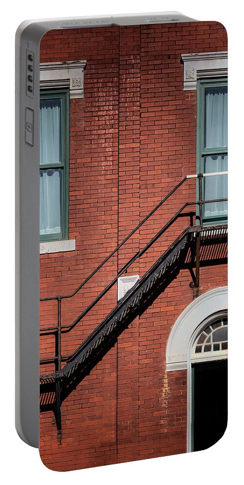 Windows Portable Battery Charger featuring the photograph Halfway Down - Fire Escape, Windows, and Door by Nikolyn McDonald