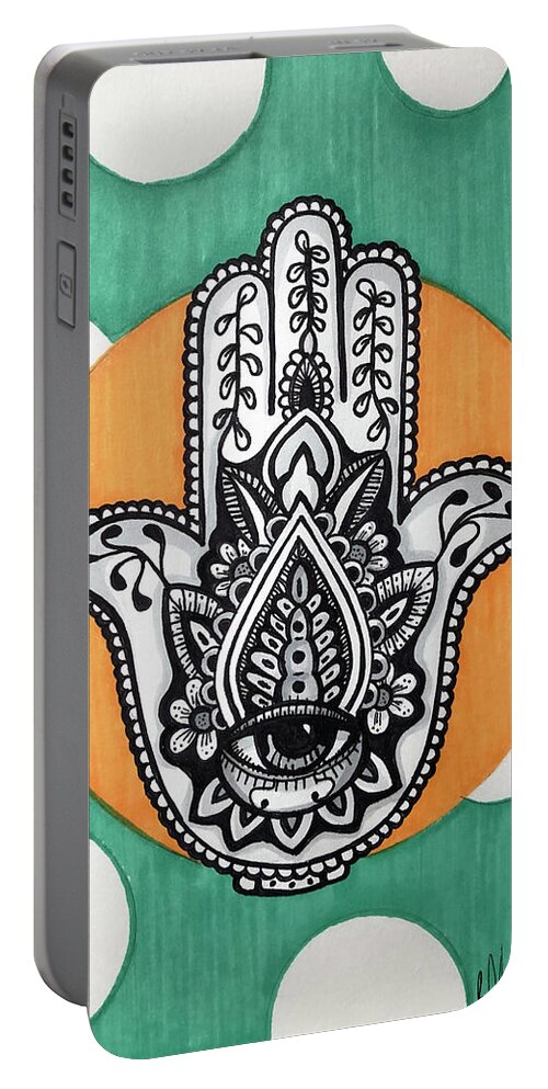 Hamsa Portable Battery Charger featuring the drawing Hamsa on Green by Creative Spirit