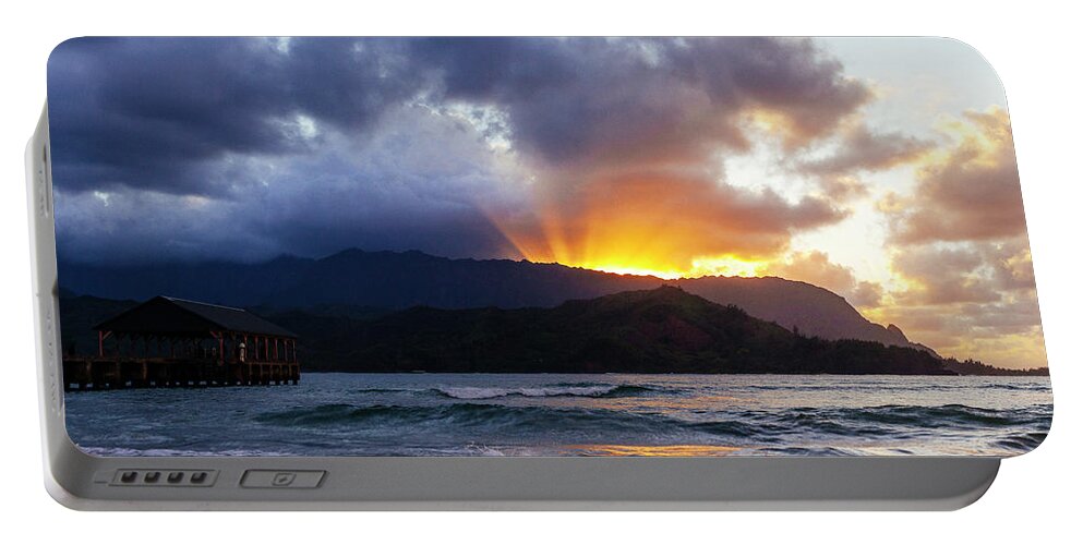 Hanalei Bay Portable Battery Charger featuring the photograph Hanalei Bay and Pier at Sunset by Laura Tucker