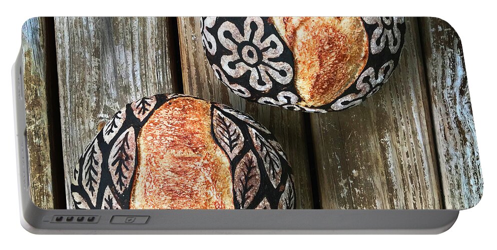 Bread Portable Battery Charger featuring the photograph Hand Painted Sourdough Botanical Pattern Boule 5 by Amy E Fraser