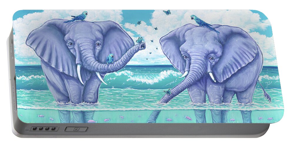 Elephants Portable Battery Charger featuring the pastel Happy Family by Elisabeth Sullivan