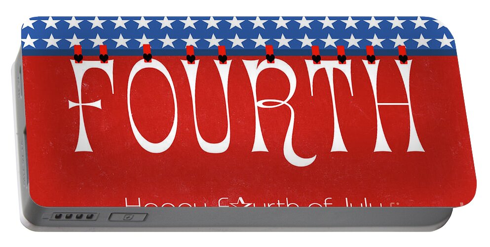 Illustration Portable Battery Charger featuring the photograph Happy Fourth of July letters bunting hanging from pegs on a line by Milleflore Images