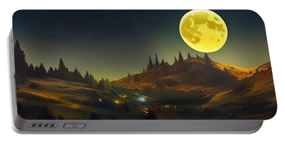 Digital Portable Battery Charger featuring the digital art Harvest Moon Over Farm by Beverly Read
