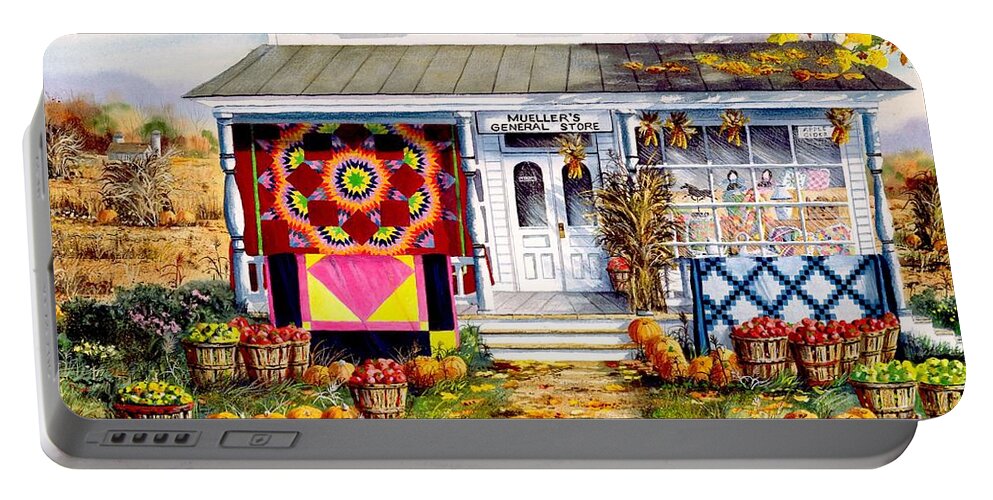 Country Store Portable Battery Charger featuring the painting Harvest Quilts by Diane Phalen