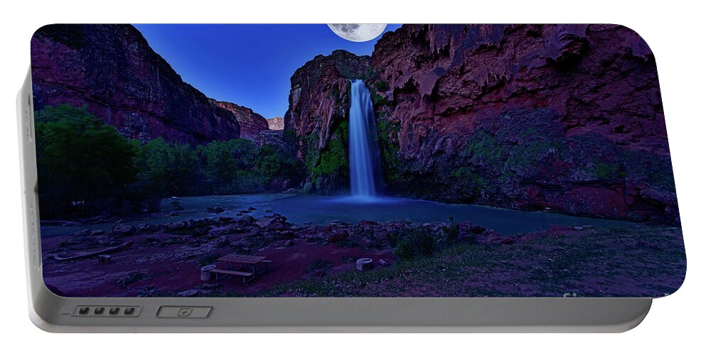 Havasu Falls Portable Battery Charger featuring the photograph Havasu Falls with Raising Moon by Amazing Action Photo Video