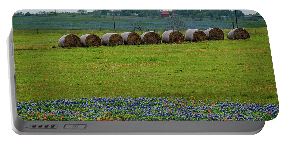 Texas Bluebonnets Portable Battery Charger featuring the photograph Hay Bales and Blues by Johnny Boyd