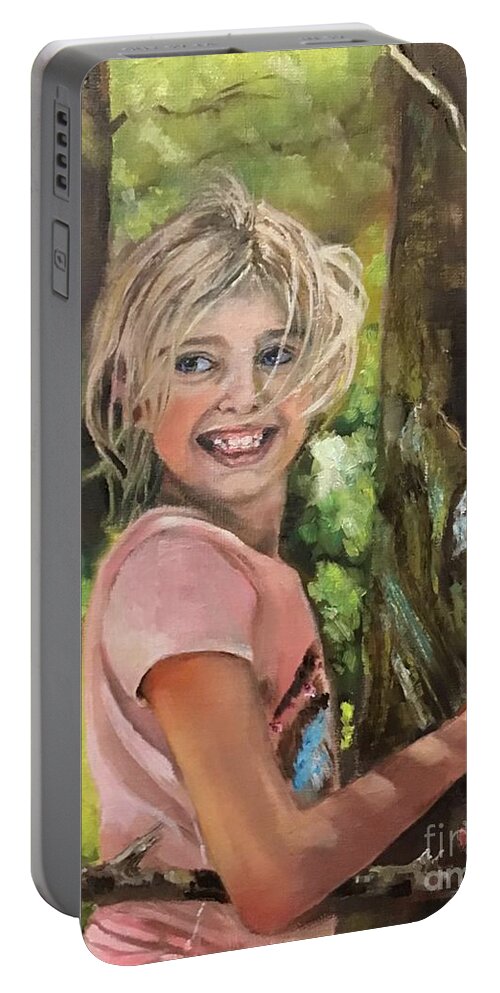 Young Girl Portable Battery Charger featuring the painting Omis Sweet Granddaughter by Jan Dappen