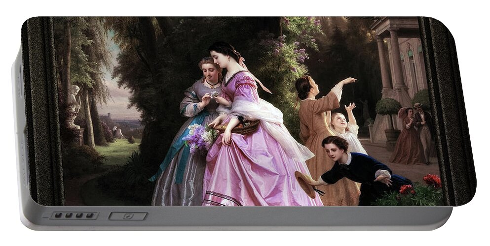 He Loves Me Portable Battery Charger featuring the painting He Loves Me, He Loves Me Not by Josephus Laurentius Dyckmans Classical Art Old Masters Reproduction by Rolando Burbon