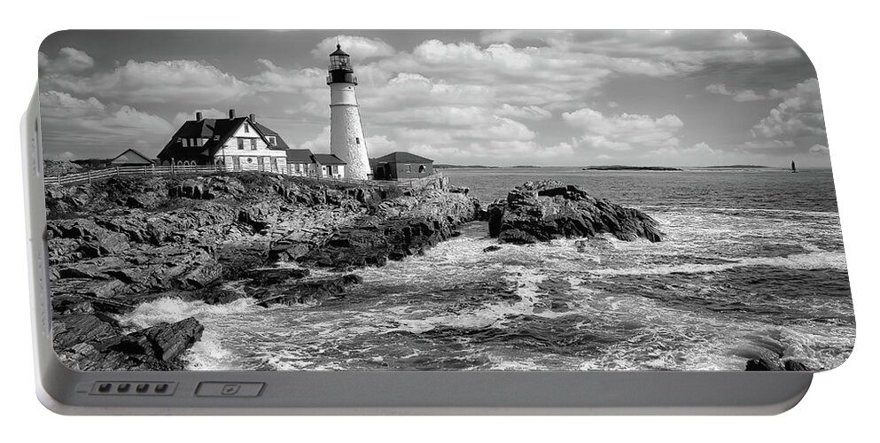 Lighthouses Portable Battery Charger featuring the photograph Head Light of Portland in B-W by DB Hayes