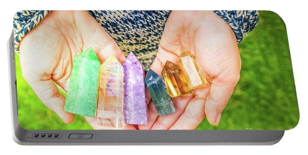 Healing Crystal Portable Battery Charger featuring the photograph Healing Crystals in Hands by Anastasy Yarmolovich