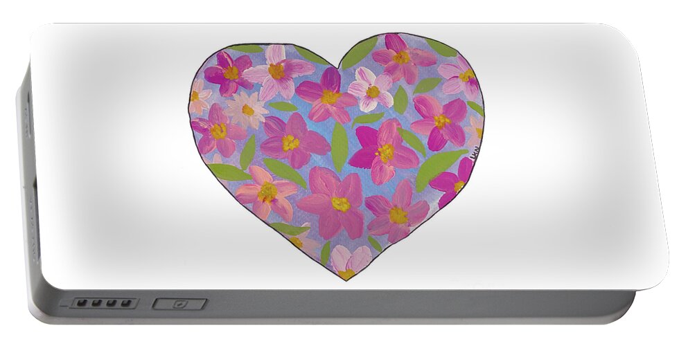 Valentine's Day Portable Battery Charger featuring the mixed media Heart with Flowers by Lisa Neuman
