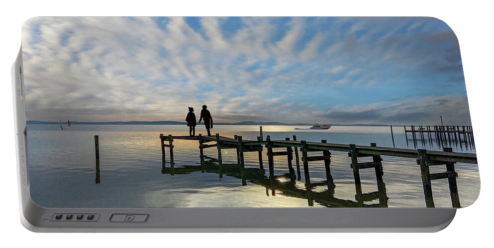 Heavenly Perception And Earthly. Wooden Pier Over Water A Surrealistic Adventure Portable Battery Charger featuring the photograph Heavenly Perception by David Zanzinger