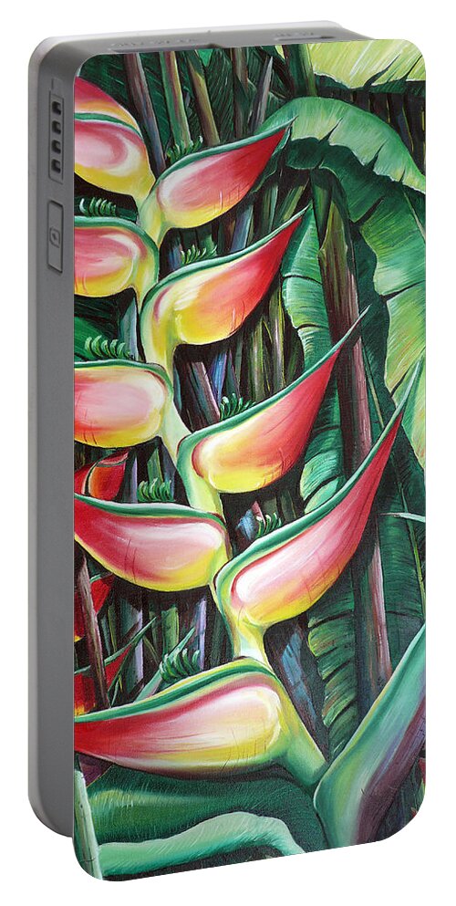  Caribbean Paintings Tropical Paintings Flower Paintings Bloom Paintings Pink Red Flower Paintings Tropical Tiger Claw Paintings Heliconia Paintings Greeting Card Paintings Canvas Print Paintings Poster Print Paintings Portable Battery Charger featuring the painting Heliconia Bihai Sunset by Karin Dawn Kelshall- Best