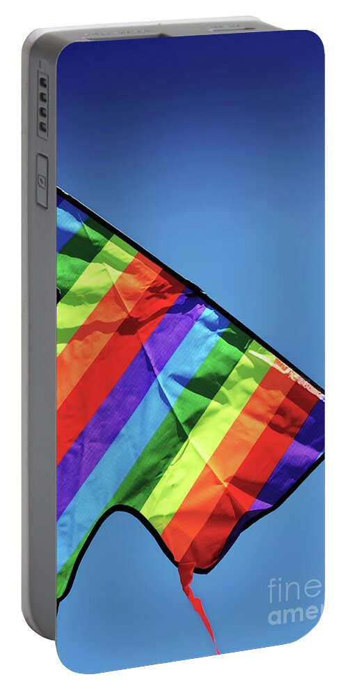 Summer Portable Battery Charger featuring the photograph Hello Summer sample text with bright colorful kite flying high o by Milleflore Images