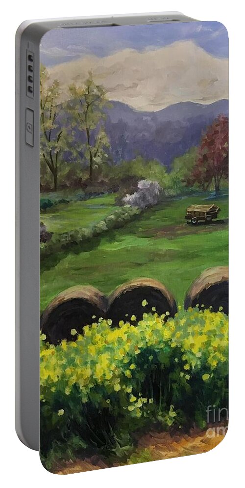 Hay Roll Portable Battery Charger featuring the painting Herb Mountain Hay Rolls by Anne Marie Brown