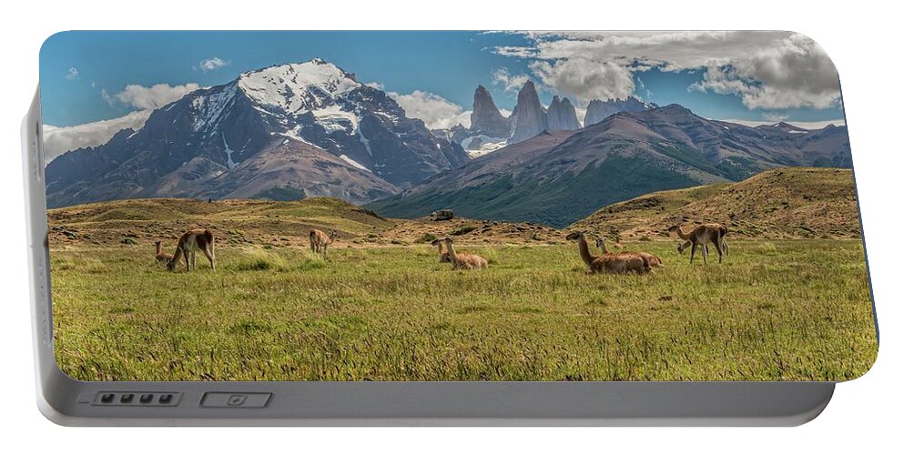 Andes Portable Battery Charger featuring the photograph Herd of Guanacos grazing and resting in the foothills of Torres by Henri Leduc