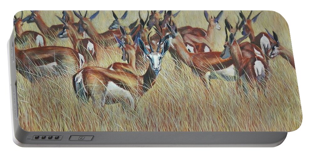 Springbok Portable Battery Charger featuring the painting Herd of Springbok by John Neeve