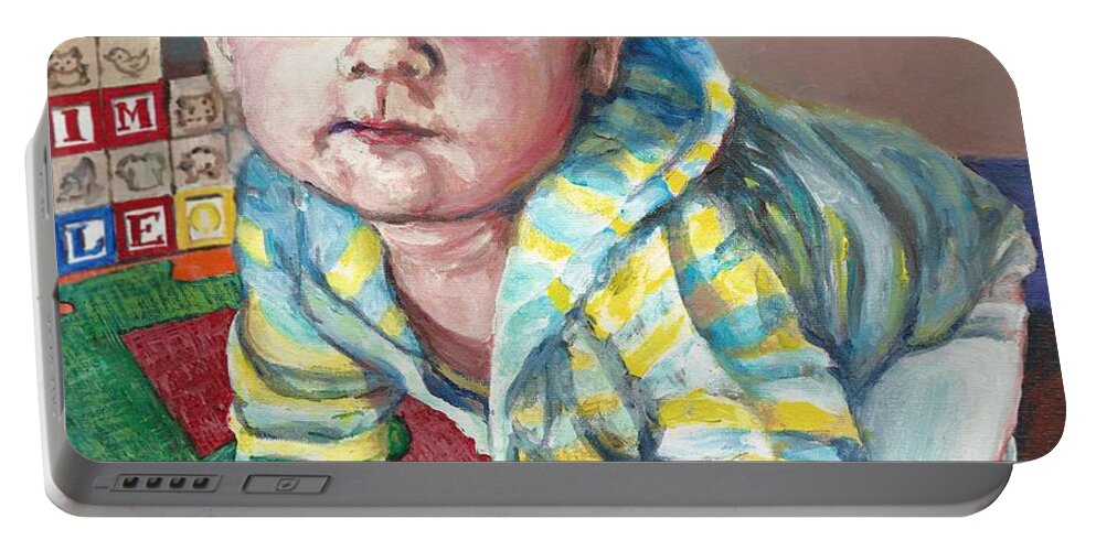 Crawl Portable Battery Charger featuring the painting Here I Come, I'm Leo by Merana Cadorette