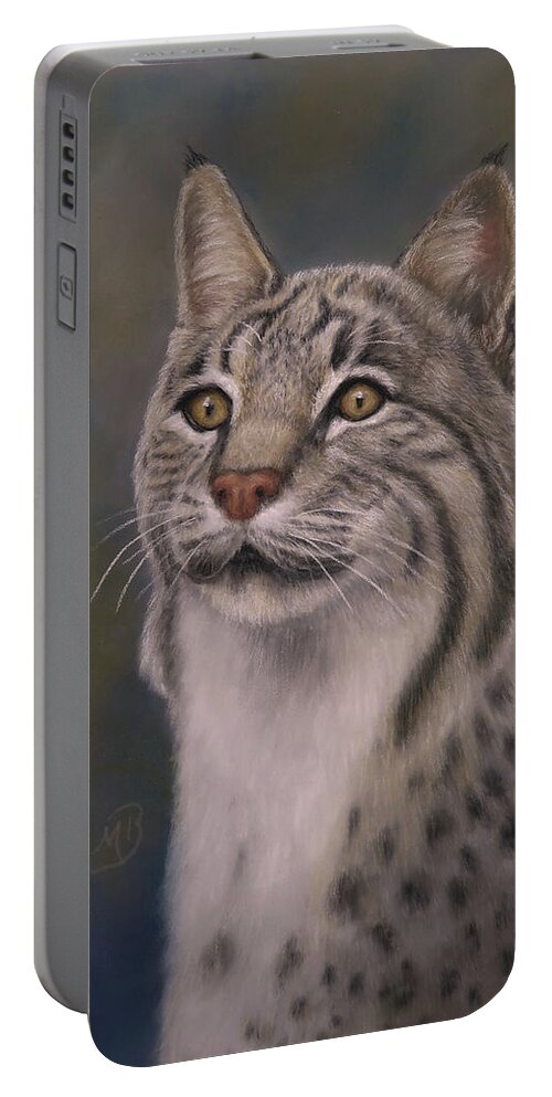 Bobcat Portable Battery Charger featuring the painting Here Kitty, Kitty by Monica Burnette