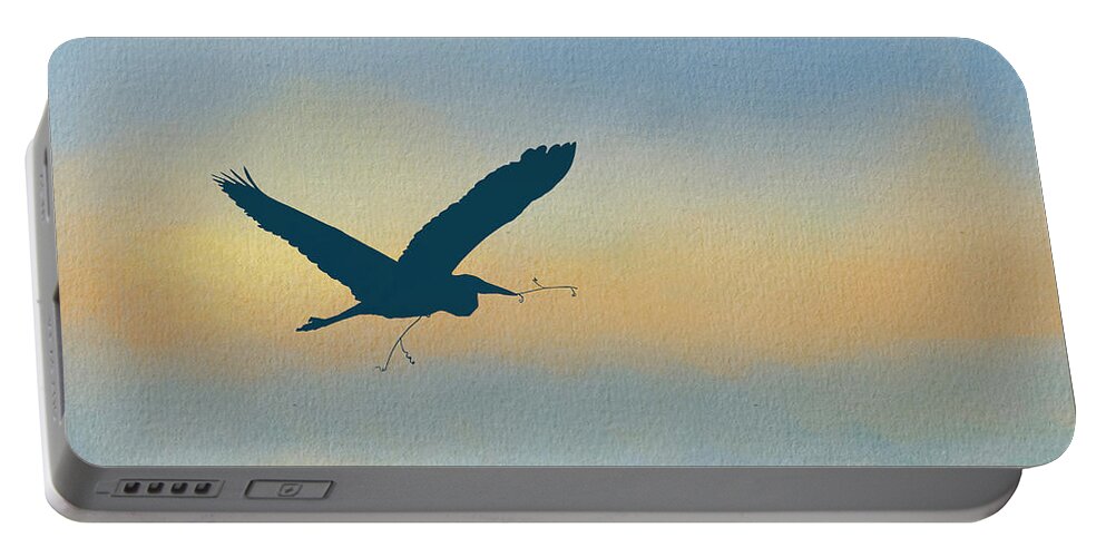 Great Blue Heron Portable Battery Charger featuring the mixed media Heron Silhouette Flight on Watercolor Background by Patti Deters