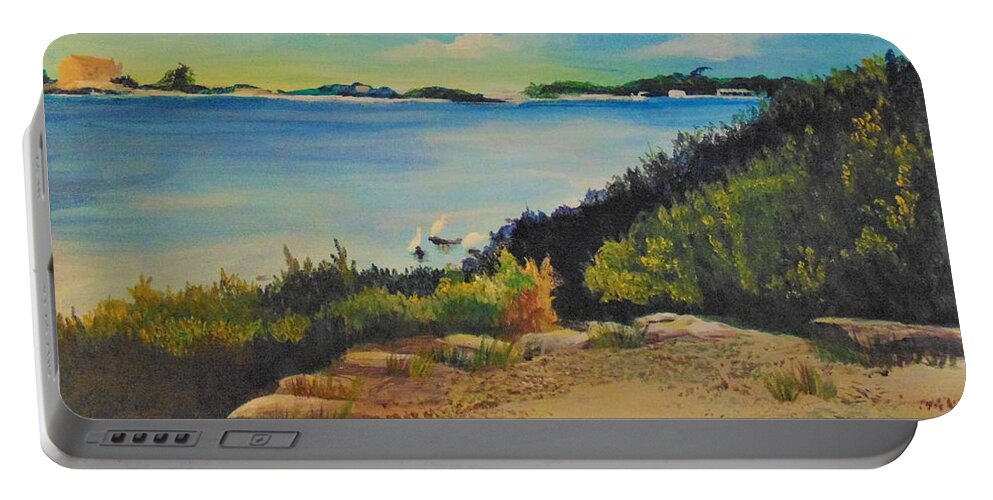 Landscape Portable Battery Charger featuring the painting Herons at Waterfront Park by Saundra Johnson