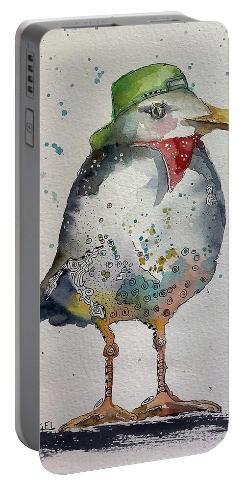 Dude Ball Cap Seagull Fun Whimsical Seaside Beach Portable Battery Charger featuring the painting Hey dude by Carla Flegel