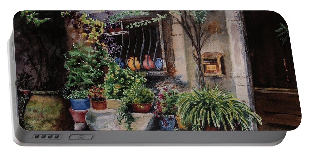 Courtyard Portable Battery Charger featuring the painting Hidden Courtyard by Karen Fleschler