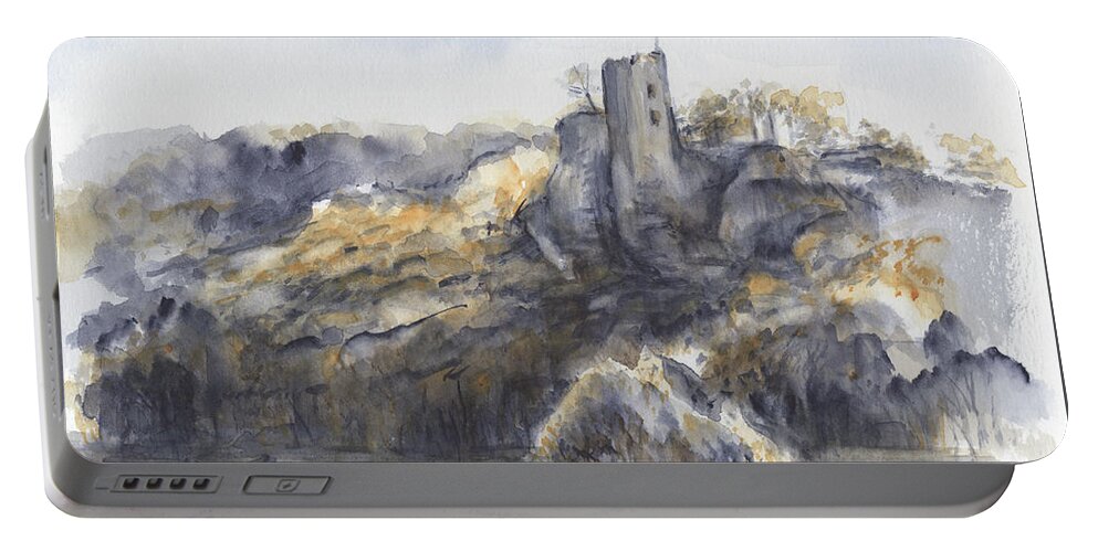 Castle Portable Battery Charger featuring the painting Historic castle in the middle of the magic forest by Adriana Mueller