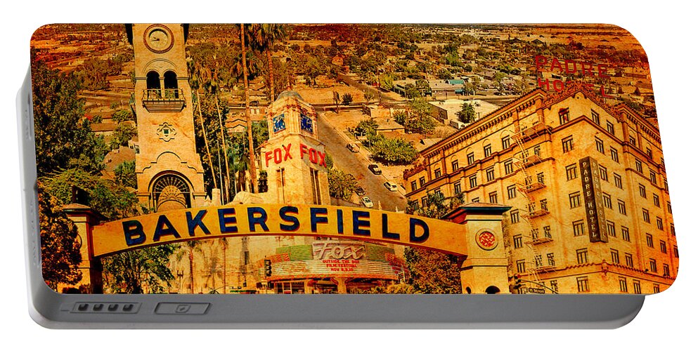 Bakersfield Portable Battery Charger featuring the digital art Historical buildings of Bakersfield, California, blended on old paper by Nicko Prints