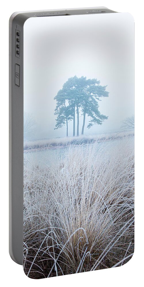  Portable Battery Charger featuring the photograph Hoarfrost pine tree in the fog by Patrick Van Os