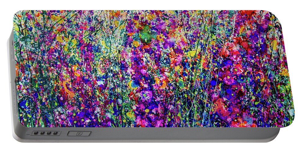 Olena Art Portable Battery Charger featuring the painting Hollyhock Pretty Fantasy Pollock Inspired Abstract by OLena Art
