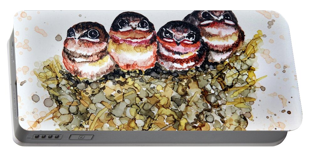 Baby Birds Portable Battery Charger featuring the painting Home Alone by Maria Barry