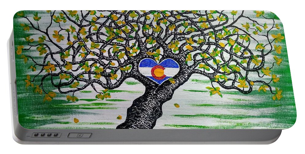Home Portable Battery Charger featuring the drawing Home w/ Colorado flag Love Tree by Aaron Bombalicki