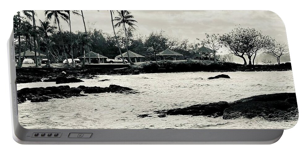 Honu Green Sea Turtles On Black Lava Rocks Portable Battery Charger featuring the photograph Black and white- Honu green sea turtles rest on black lava rock near the ocean by Lehua Pekelo-Stearns