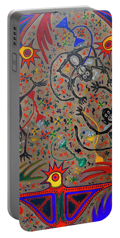 Contemporary Folk Art Portable Battery Charger featuring the painting Hookah Monkeys - Jinga Monkeys Series by Fareeha Khawaja