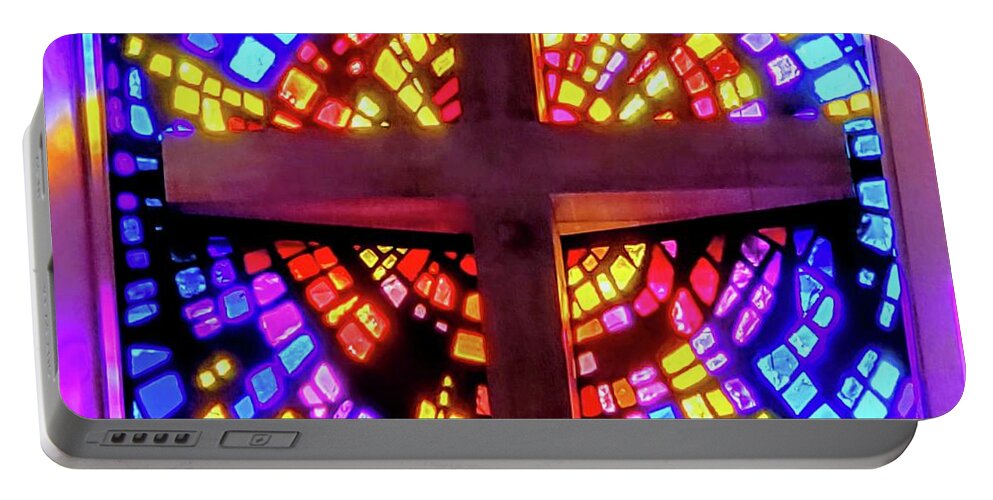 Hope Cross Church Stained Glass Sunday Colorful Religion Religious Portable Battery Charger featuring the photograph Hope by Nora Martinez
