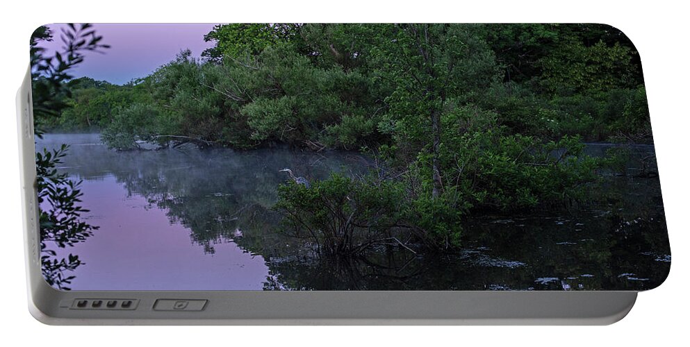 Woburn Portable Battery Charger featuring the photograph Horn Pond Purple Sunrise in Woburn Massachusetts Egret by Toby McGuire