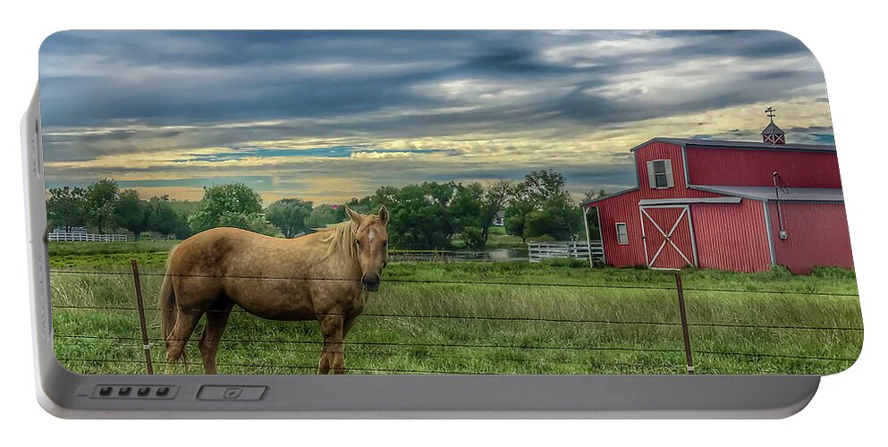 Country Portable Battery Charger featuring the photograph Horse and Barn by Pam Rendall