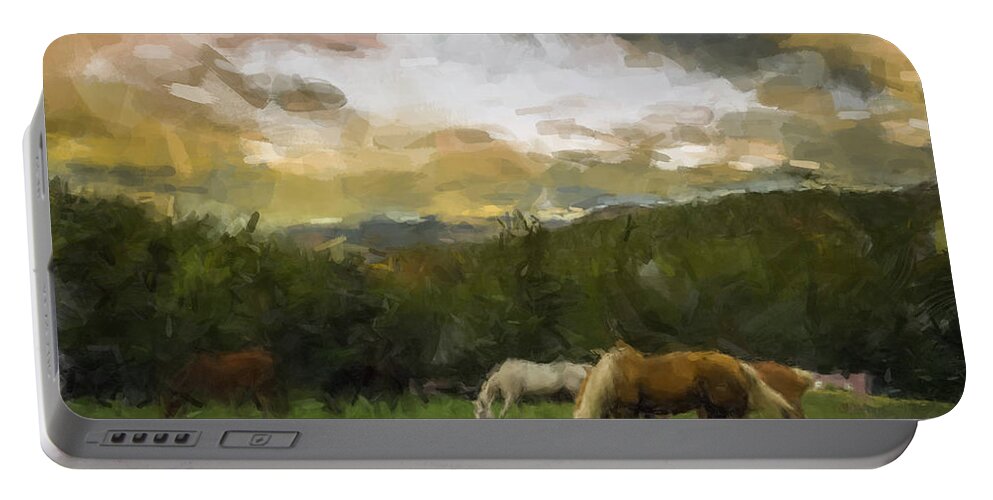 Horses Portable Battery Charger featuring the painting Horses Grazing by Gary Arnold