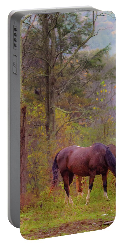 Cade's Cove Portable Battery Charger featuring the photograph Horses in the Smokies by Darrell DeRosia