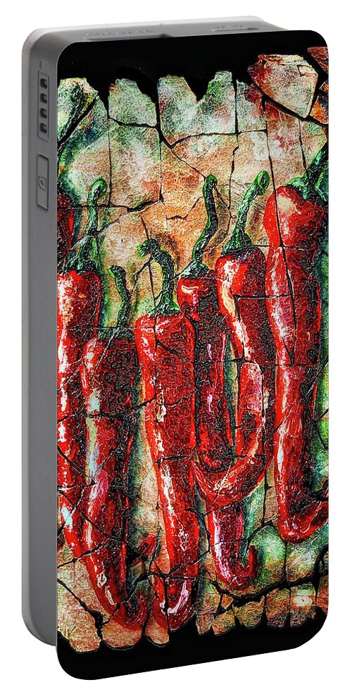  Fresco Portable Battery Charger featuring the painting Hot Peppers fresco with Crackled Background by Lena Owens - OLena Art Vibrant Palette Knife and Graphic Design