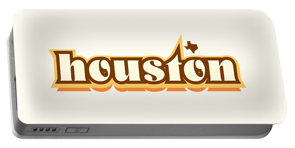 Jan M Stephenson Designs Portable Battery Charger featuring the digital art Houston Texas - Retro Name Design, Southeast Texas, Yellow, Brown, Orange by Jan M Stephenson