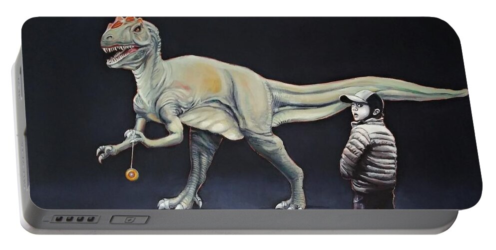 Dinosaur Portable Battery Charger featuring the painting How My Brother Lost His Yo-Yo by Jean Cormier