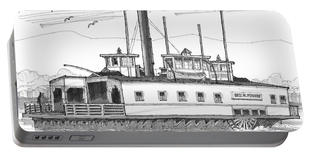 Geo H Powers Portable Battery Charger featuring the drawing Hudson River Steam Ferry Boat Geo H Powers by Richard Wambach