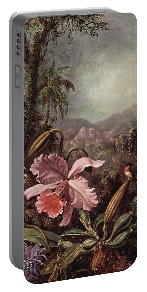 Martin Johnson Heade Portable Battery Charger featuring the painting Hummingbird and Orchids by Martin Johnson Heade