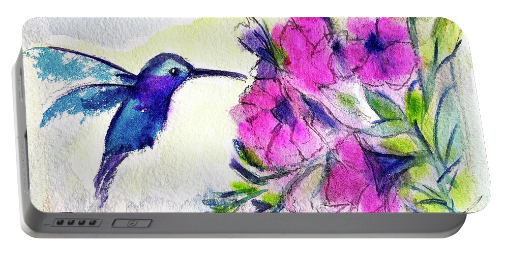Hummingbird Portable Battery Charger featuring the painting Hummingbird at the Pink Flowers by Roxy Rich