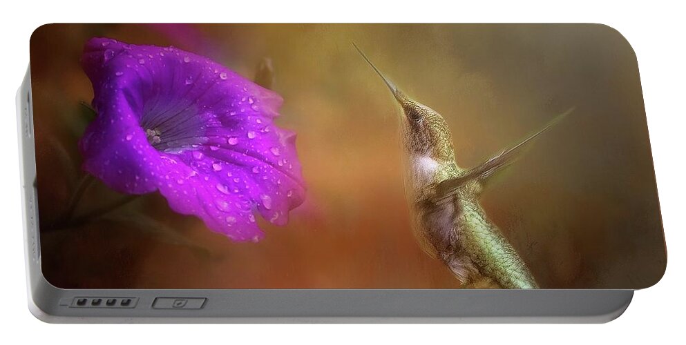 Hummingbird Portable Battery Charger featuring the photograph Hummingbird in Golden Light by Marjorie Whitley